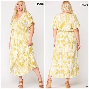 Gigio | Sunburst Golden Tie Dye Peek A Boo Slit Surplice Maxi Dress New XL Plus